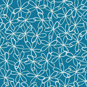 Interconnected white floral pattern on a teal background