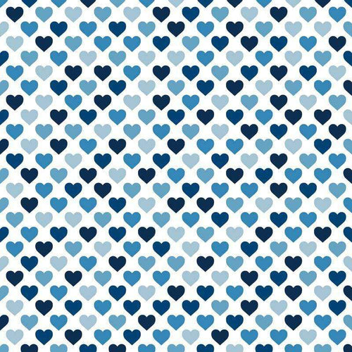 An array of cascading blue hearts pattern on a white background