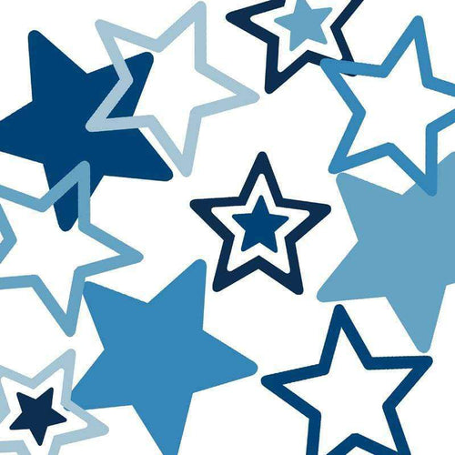 Assortment of navy and light blue stars on a white background