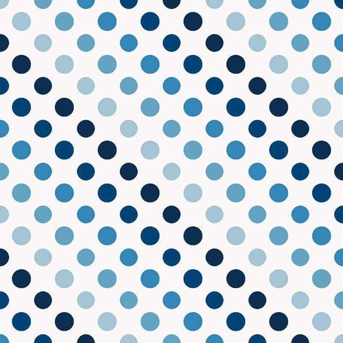 Assorted blue polka dots on a white background