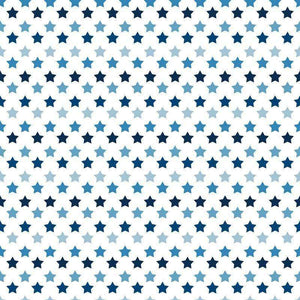 Seamless pattern of varying shades of blue stars on white background