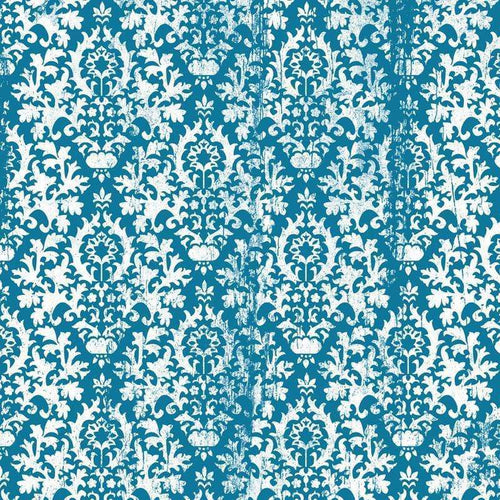 Aged white damask pattern on a blue background