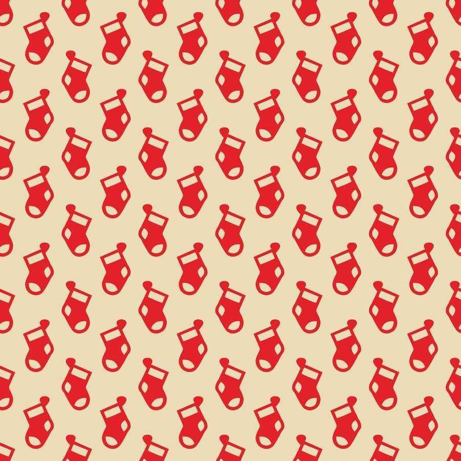 Repeated red Christmas stocking pattern on a cream background