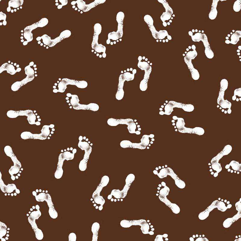 Whimsical white footprints pattern on a chocolate brown background