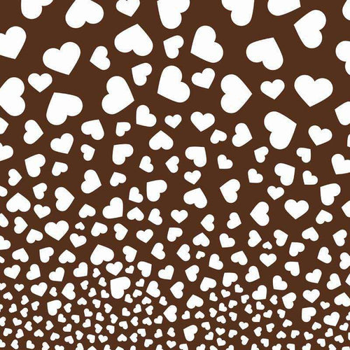 Scattered white hearts on a chocolate brown background