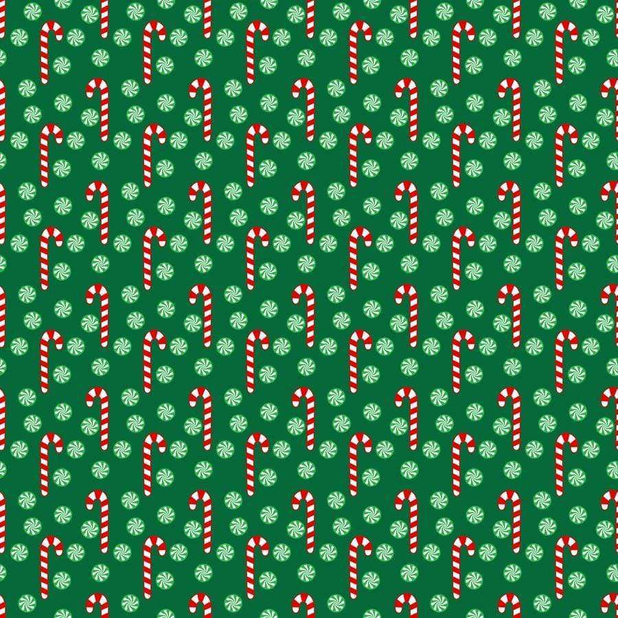Green background with red and white candy cane and peppermint patterns