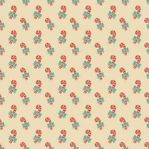 Vintage style pattern with candy canes and green ribbons on a cream background