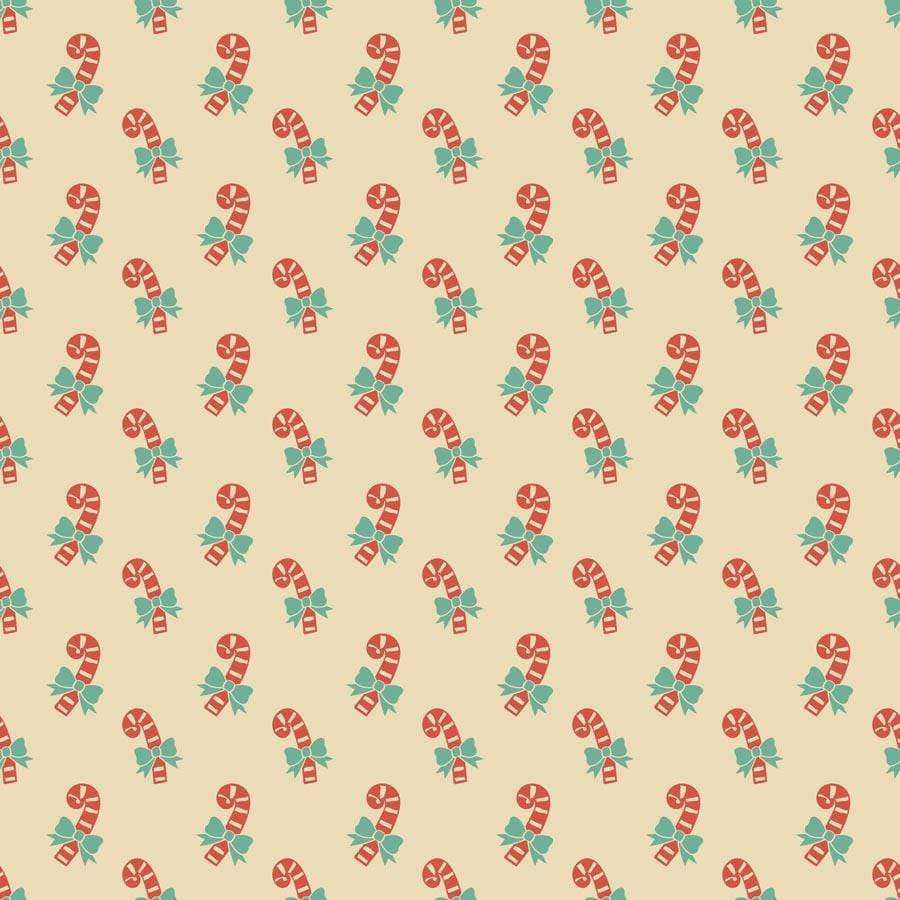 Vintage style pattern with candy canes and green ribbons on a cream background