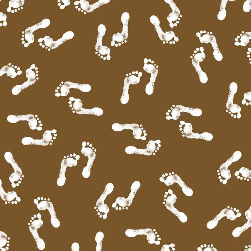 A whimsical pattern of white footprints on a warm brown background
