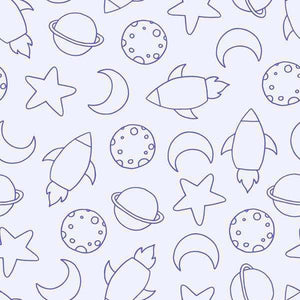 Sketch-style space pattern with planets, rockets, and stars