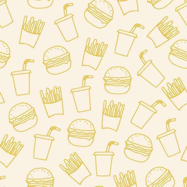 Line drawing pattern of fast food items including burgers, soda cups, and fries on a beige background