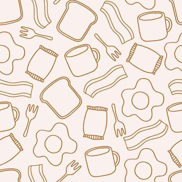 Seamless pattern of breakfast items and kitchenware sketches