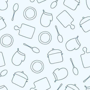 Line-drawn kitchen utensils and cookware pattern