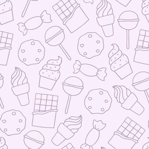Assorted line art illustrations of confectionery on a pastel background