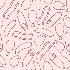 Assorted hand-drawn sausages pattern on pink background