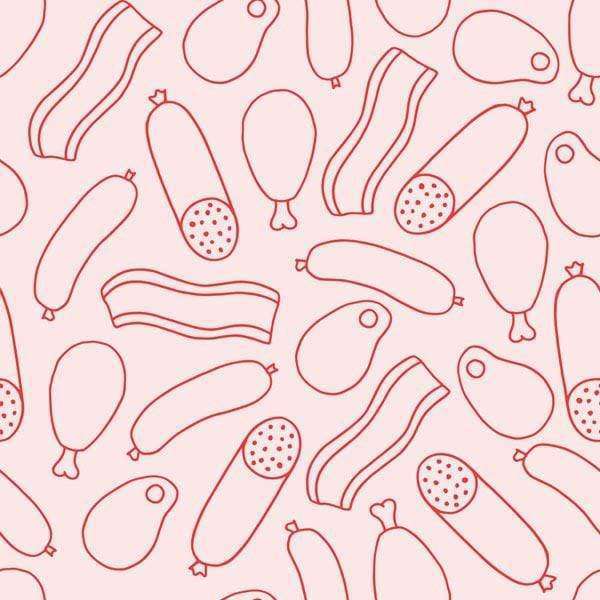 Assorted hand-drawn sausages pattern on pink background