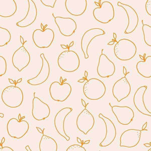 Assorted hand-drawn fruit patterns on a peach background