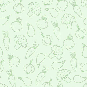 Hand-drawn style pattern with various vegetables on a green background