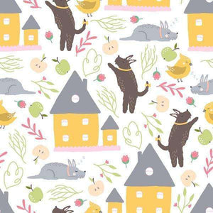 Charming pattern featuring animals, houses, and nature