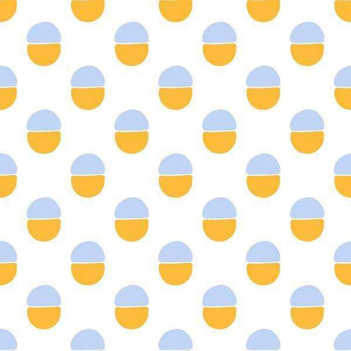 Repeated pattern of yellow and blue semi-circles on a white background