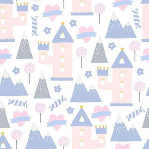 Whimsical pattern with castles, mountains, and sweets in pastel colors