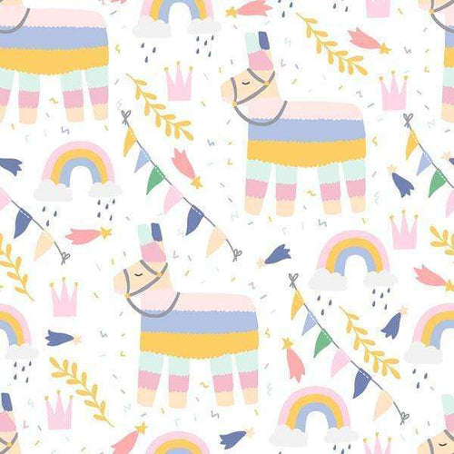 Whimsical pattern with llamas, rainbows, and festive decorations