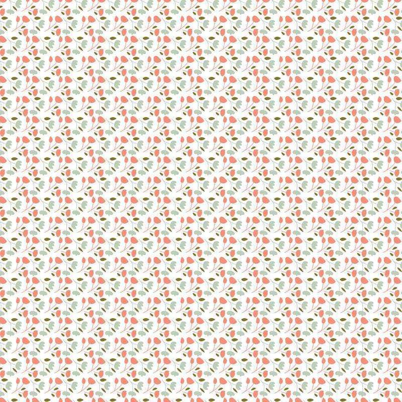 Seamless floral pattern with coral and sage green motifs on a white background
