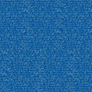 Seamless handwritten script pattern on a blue background