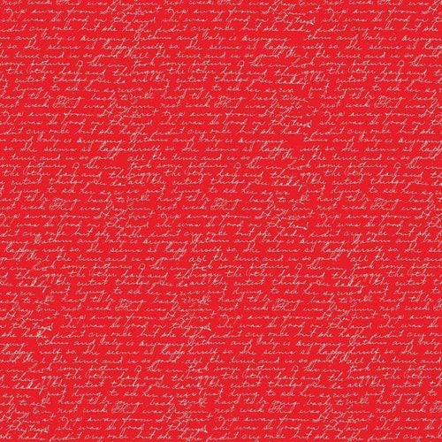 Red fabric with subtle white cursive text pattern
