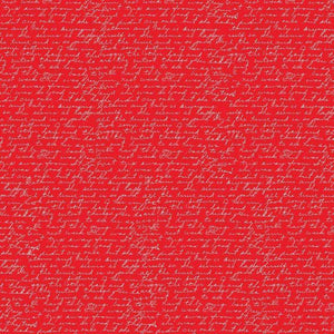 Red fabric with subtle white cursive text pattern