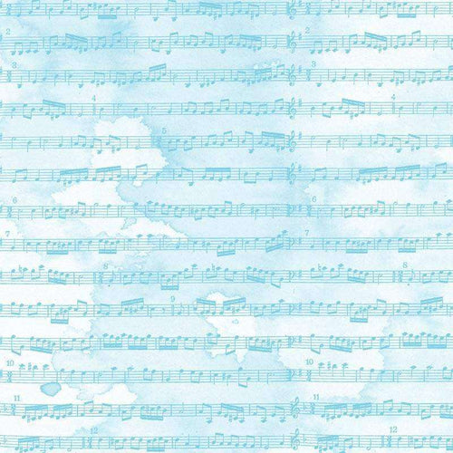 A square image of sheet music notes on a watercolor-like blue background