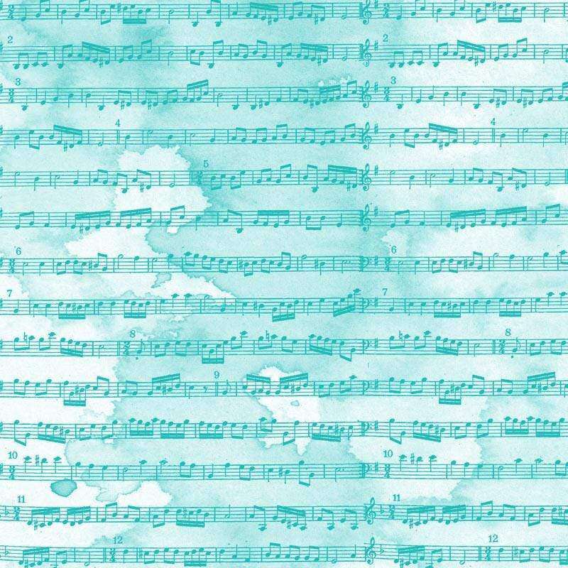 A square image featuring rows of musical notes and staff lines on a watercolor aquamarine background