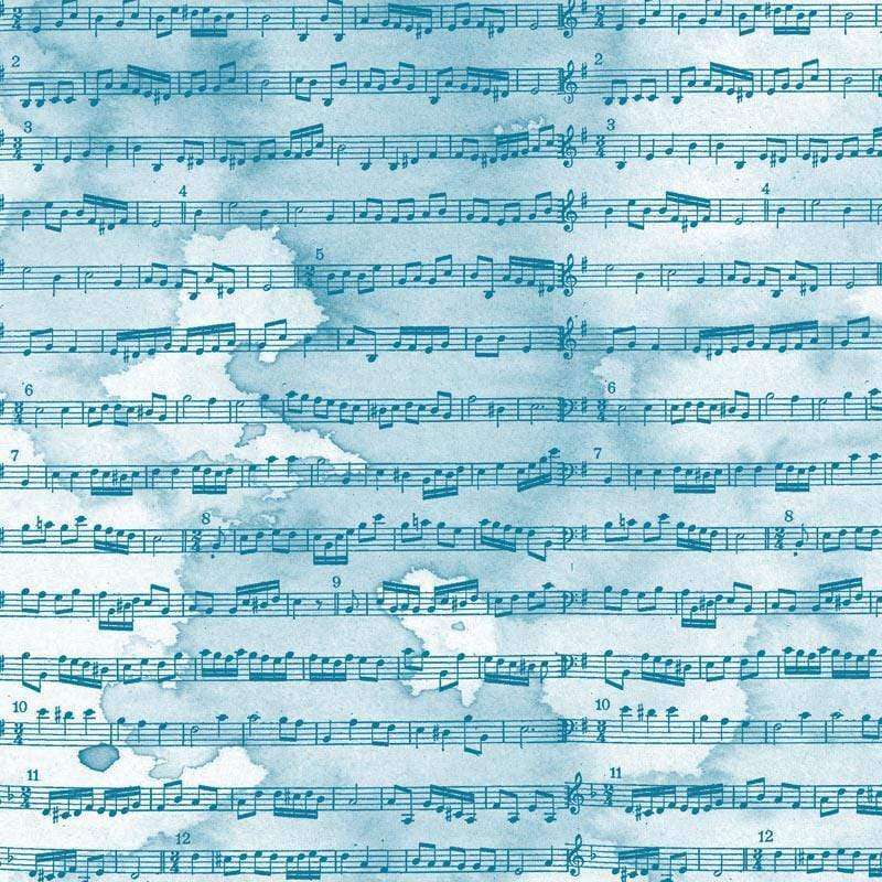 Sheet music pattern with watercolor blue tones
