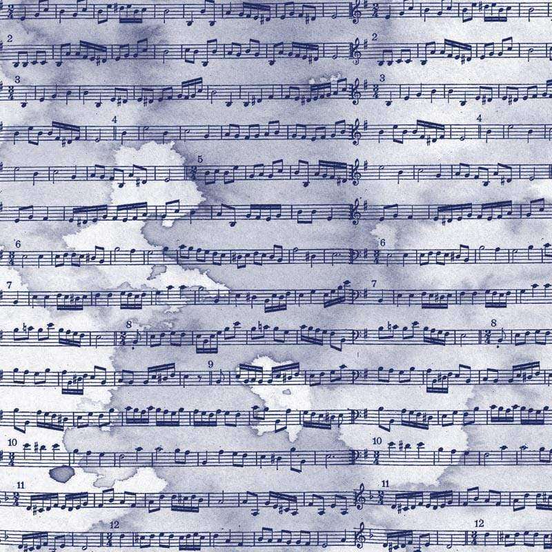Sheet music pattern on a distressed blue background