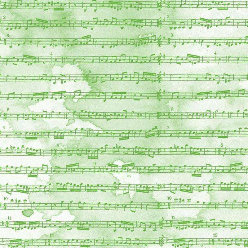 Vintage musical notes pattern on a green watercolor background