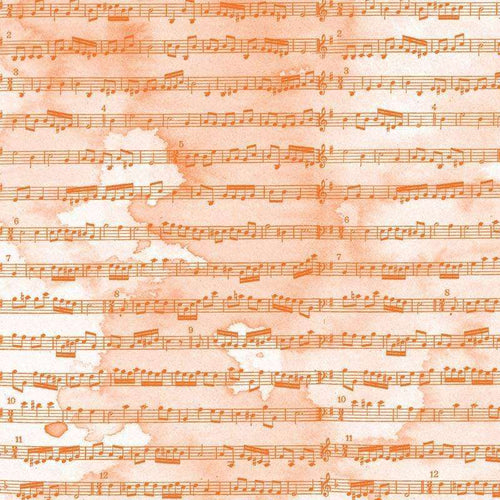 Antique sheet music pattern on orange watercolor background