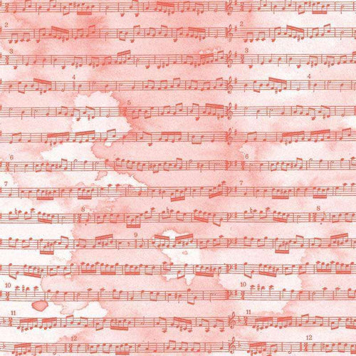Watercolor musical score pattern on a pink background