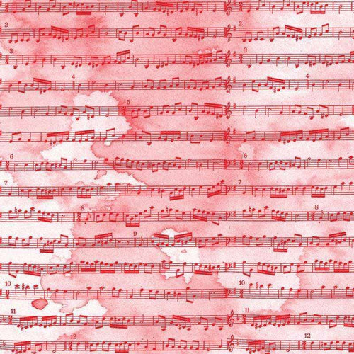 Aged sheet music pattern on a red watercolor background
