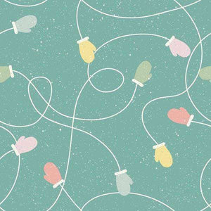 Illustrated string lights pattern on a speckled teal background