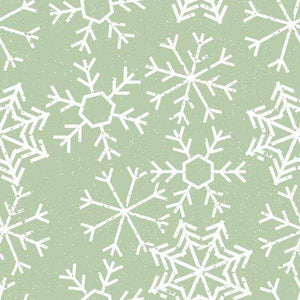 Illustration of white snowflakes on a sage green background