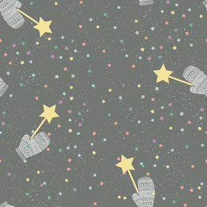 Magical starry knitting pattern with wands and sparkles on a gray background