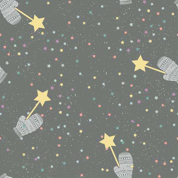 Magical starry knitting pattern with wands and sparkles on a gray background
