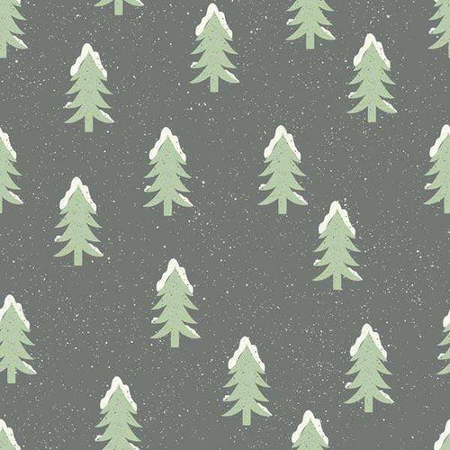 Seamless evergreen tree pattern on a speckled grey background