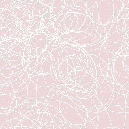 Abstract white line scribbles on a blush background with subtle speckles