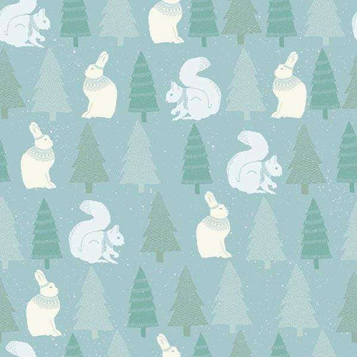 Illustrated pattern of rabbits and squirrels among pine trees on a muted blue background