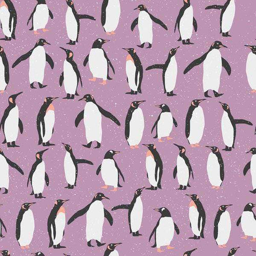 Illustration of playful penguins on a purple background