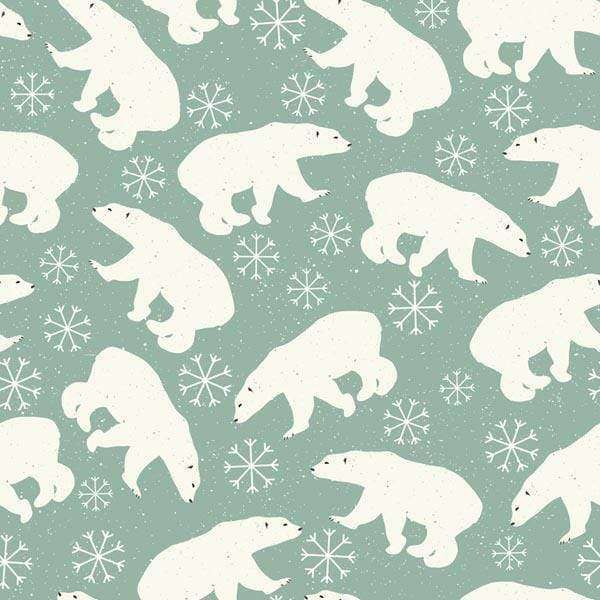 Polar bears and snowflakes on a muted green background