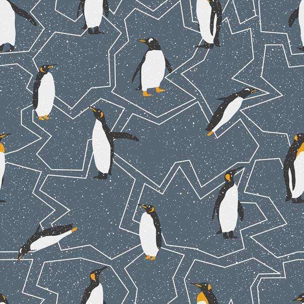 Penguins on ice-crystal-patterned background