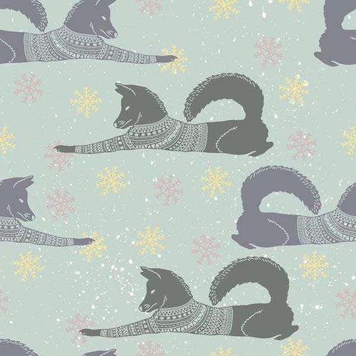 Repeated pattern of squirrels in sweaters with snowflakes on a gray background