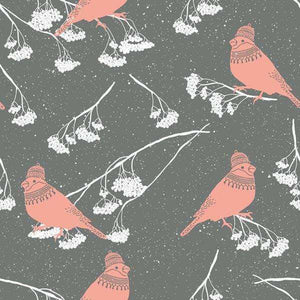 A pattern featuring stylized pink birds and white berries on a gray background